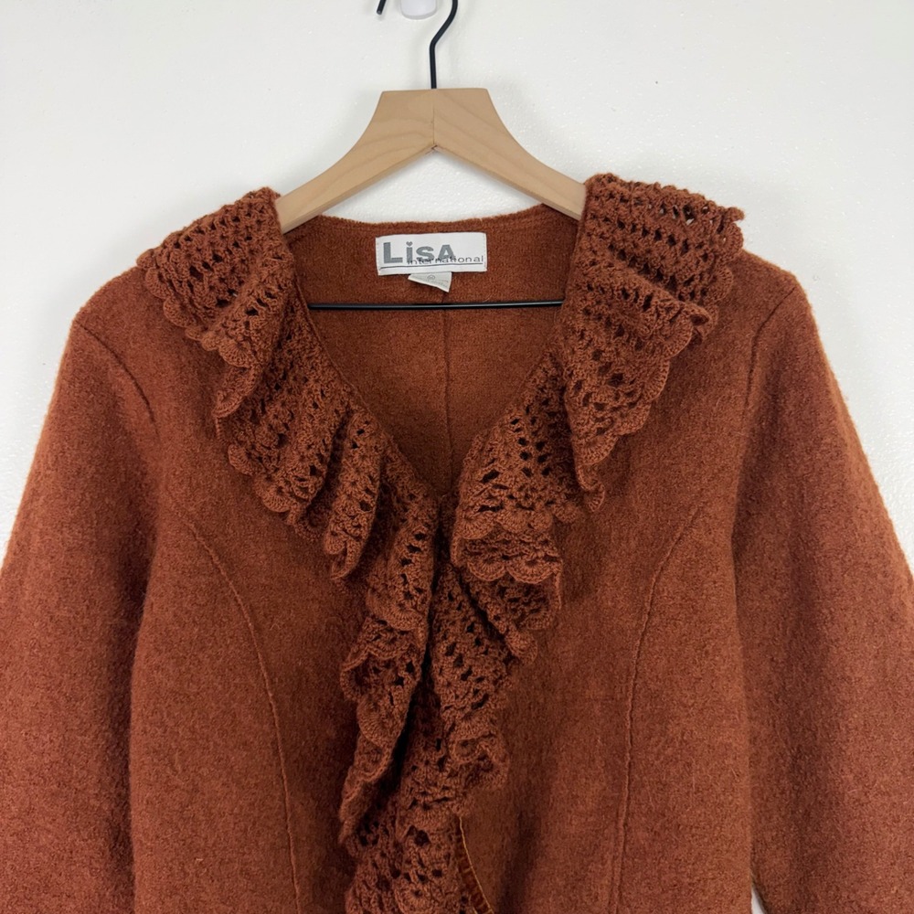 Vtg Lisa International Boiled Wool Blazer Jacket‎ M Crochet Ruffle V-Neck Brown - Picture 3 of 16